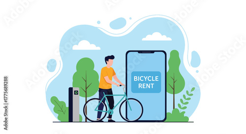 Flat vector of people renting bicycles from public station for World Public Transport Day, supporting green commuting and urban health