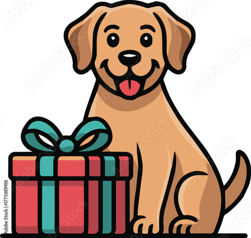 Cheerful dog with gift box vector illustration