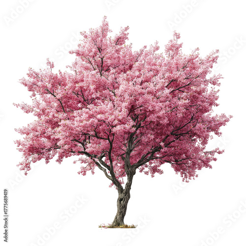 A vibrant pink flowering tree.  Full bloom of cherry blossoms.  Isolated against a black background.  Mature tree with a full canopy.  Strong trunk and spreading branches.  Beautiful spring scene