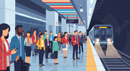 Flat vector of people waiting at modern subway station for World Public Transport Day, symbol of punctuality and organized mobility