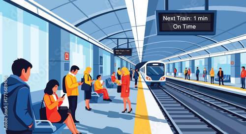 Flat vector of people waiting at modern subway station for World Public Transport Day, symbol of punctuality and organized mobility