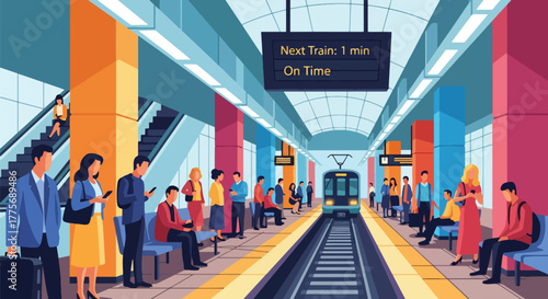 Flat vector of people waiting at modern subway station for World Public Transport Day, symbol of punctuality and organized mobility