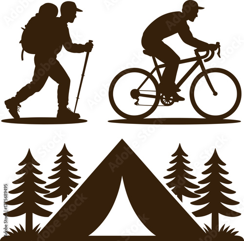 Silhouettes of a hiker, cyclist, and tent represent outdoor recreation and adventure.