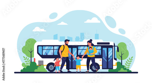 Flat vector of parents with children boarding bus for World Public Transport Day, inclusion and family travel concept