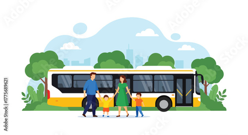 Flat vector of parents with children boarding bus for World Public Transport Day, inclusion and family travel concept