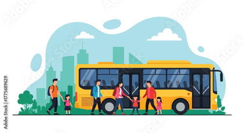 Flat vector of parents with children boarding bus for World Public Transport Day, inclusion and family travel concept