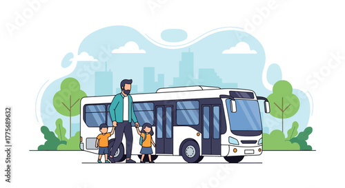 Flat vector of parents with children boarding bus for World Public Transport Day, inclusion and family travel concept