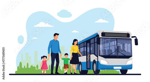 Flat vector of parents with children boarding bus for World Public Transport Day, inclusion and family travel concept