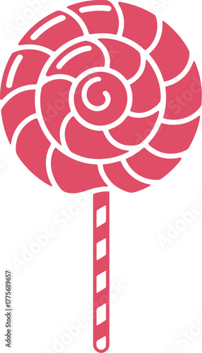 A pink swirled lollipop on a striped stick is a sweet treat.