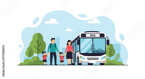 Flat vector of parents with children boarding bus for World Public Transport Day, inclusion and family travel concept