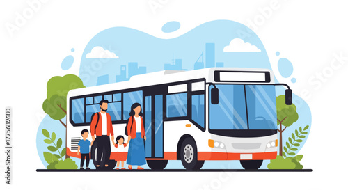 Flat vector of parents with children boarding bus for World Public Transport Day, inclusion and family travel concept