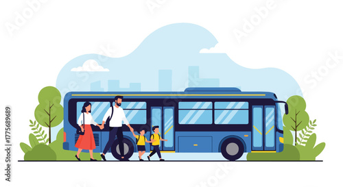 Flat vector of parents with children boarding bus for World Public Transport Day, inclusion and family travel concept