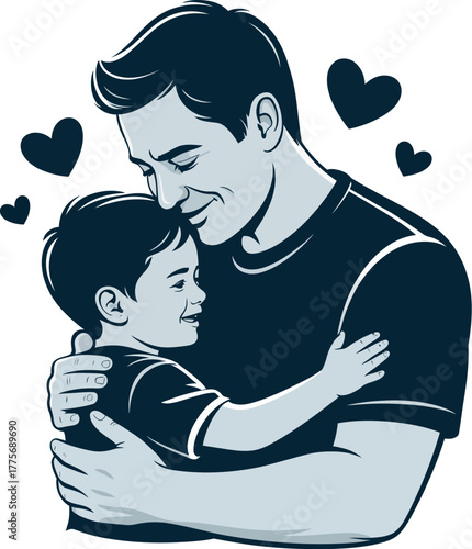 A loving father embraces his child, surrounded by hearts.