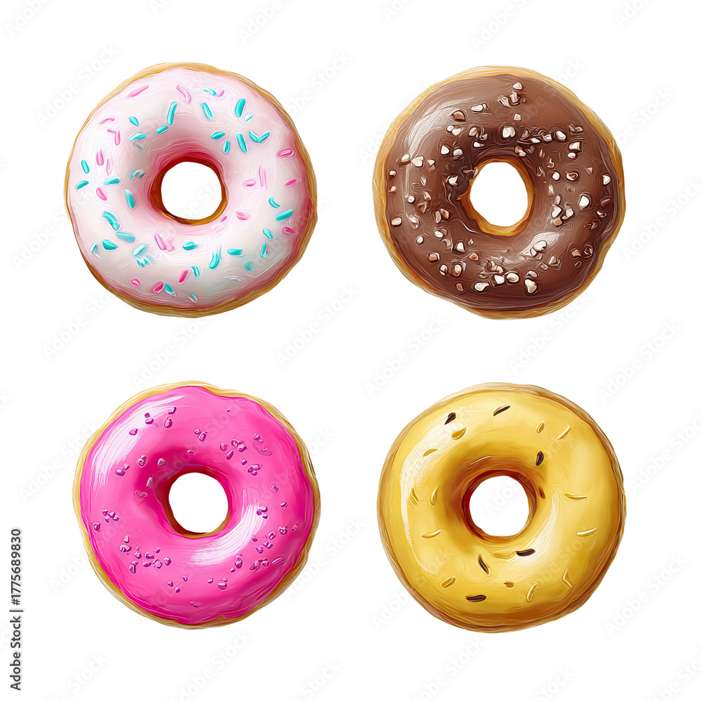 Fototapeta premium Four colorful glazed donuts, top view