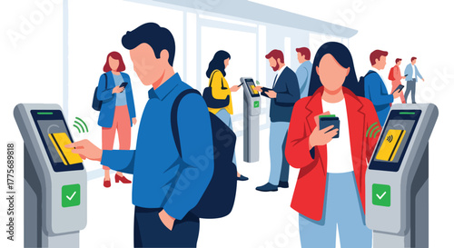 Flat vector of commuters paying bus fare with contactless card for World Public Transport Day, modern convenience and technology concept