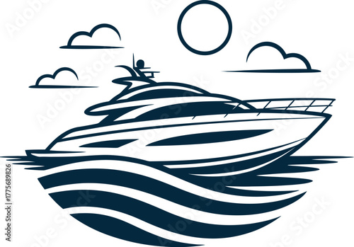 A sleek motor yacht glides across the blue ocean under a bright sun and fluffy clouds.