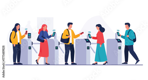 Flat vector of commuters paying bus fare with contactless card for World Public Transport Day, modern convenience and technology concept