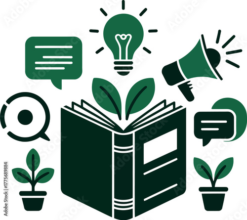 An open book with sproutings and communication icons represents learning and environmental awareness.