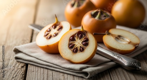 Wallpaper Mural Freshly Sliced Medlar Fruits with Detailed Interior on Rustic Wooden Backdrop Torontodigital.ca