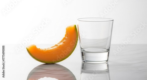 Freshness Of Melon Slice And Empty Glass On A Reflective Surface Composition
