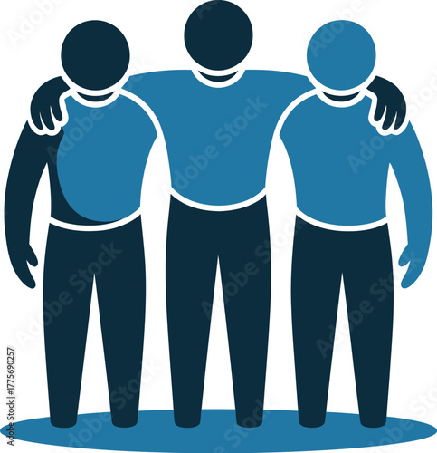 Three figures in silhouette embrace each other with arms around shoulders in a symbol of unity.