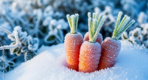 Frosty Carrots Nestled in Snow, A Winter Harvest Scene