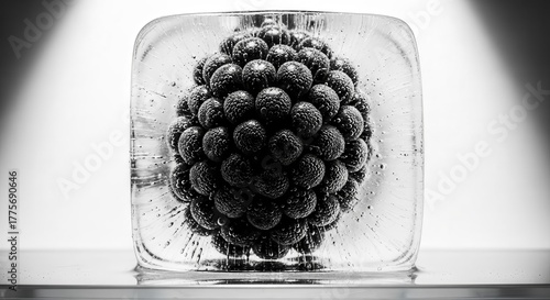 Frozen Blackberry Inside Ice Block Artistic Black And White Aesthetic Composition