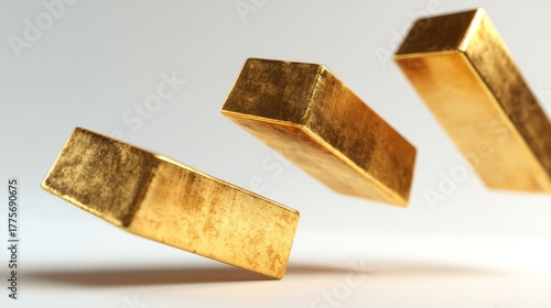 The air is filled with a diverse assortment of gold bars, each unique in size, as they fly in disparate directions, generating a lively and dynamic scene