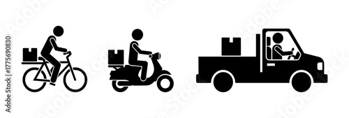 Delivery workers on bicycle, scooter, and truck with package silhouette icons, courier logistics transportation vector illustration.