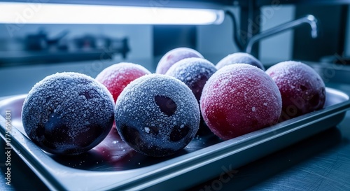 Frozen Fruit Arrangement: Dramatic Culinary Composition Of Spherical Berries In Deep Freeze
