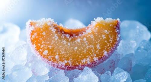 Frozen Peach Slice Resting On Ice, An Appetizing Picture Showcasing The Refreshing Coldness