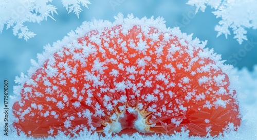 Frozen Grapefruit Segment Covered With Ice Crystals Against a Blue Background