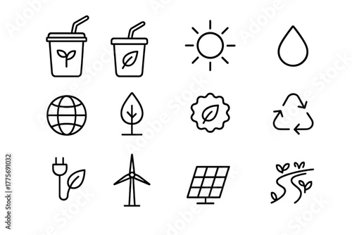 Eco Icon Set. Reusable straw and eco-friendly cup. Line outline icon set of Reusable straw and eco-friendly