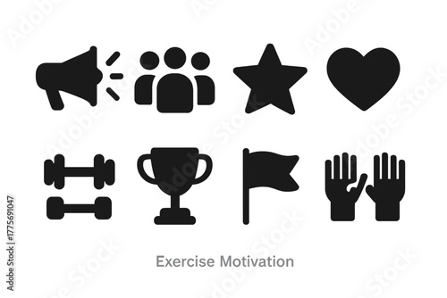 Exercise Motivation Icons. Exercise Motivation. Filled icon set of Exercise Motivation: megaphone, group of