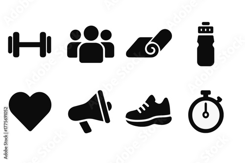Fitness Icons Set. Fitness Support. Filled icon set of Fitness Support: dumbbells, group of people, yoga mat,