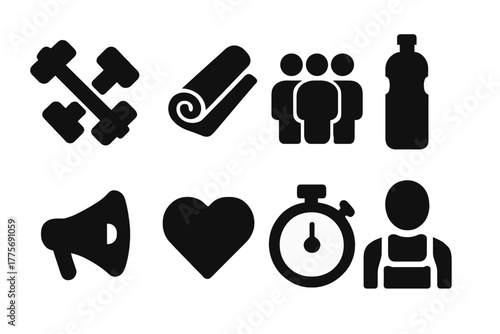 Fitness Icon Set. Fitness Together. Filled icon set of Fitness Together: dumbbells, yoga mat, group of people,