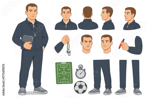 Football Coach Avatar Toolkit. Cartoon realistic vector illustration, Character constructor style, isolated
