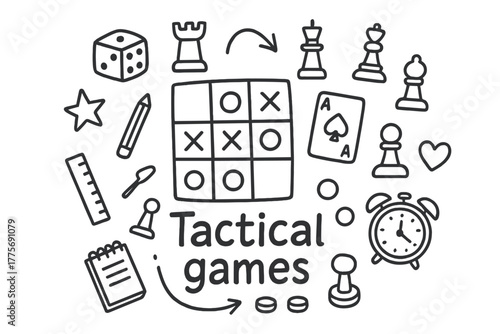 Tactical Gaming Doodles. Tactical games. Hand-drawn doodle illustration of Tactical games. In the middle, one