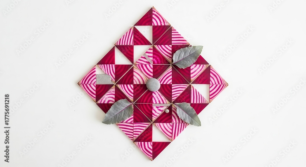 Fototapeta premium Geometric Beetroot Art Composition Adorned With Leaves, Stone, On White Surface