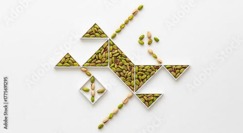 Geometric Pistachio Composition on White Surface Offers a Unique Artistic Presentation