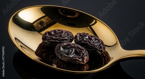 Gleaming Gold Spoon Holds Rich Dark Raisins Against a Shadowed Black Backdrop