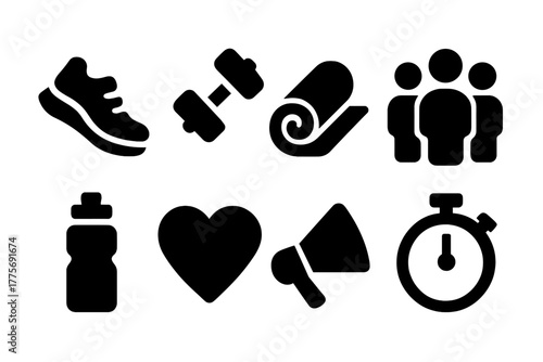 Active Lifestyle Icons. Active Lifestyle. Filled icon set of Active Lifestyle: running shoes, dumbbells, yoga