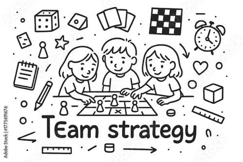 Team Strategy Doodle. Team strategy. Hand-drawn doodle illustration of Team strategy. In the middle, one