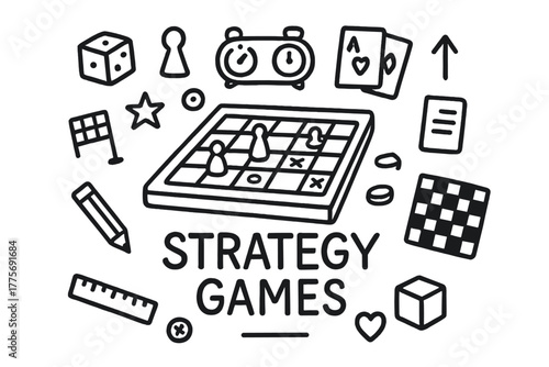 Strategy Games Doodle. Strategy games. Hand-drawn doodle illustration of Strategy games. In the middle, one