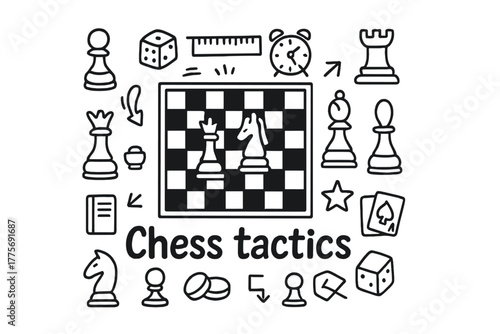 Chess Tactics Doodle. Chess tactics. Hand-drawn doodle illustration of Chess tactics. In the middle, one
