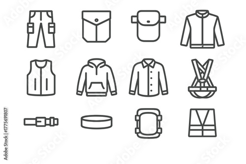 Workwear Icon Set. Workwear trends. Line outline icon set of Workwear trends: cargo pants, utility pockets,