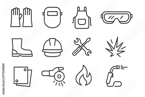 Workwear Icons Set. Workwear trends. Line outline icon set of Workwear trends: welding gloves, protective mask