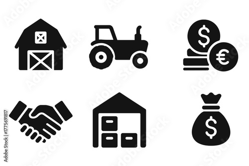 Agri-Business Icon Set. Agri-Business. Filled icon set of Agri-Business: barn, tractor, crate of produce,