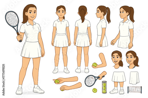 Tennis Player Character Setup. Cartoon realistic vector illustration, Character constructor style, isolated