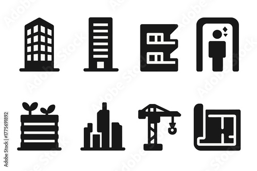 Modern Architecture Icons. Modern Buildings. Filled icon set of Modern Buildings: glass tower, skyscraper,